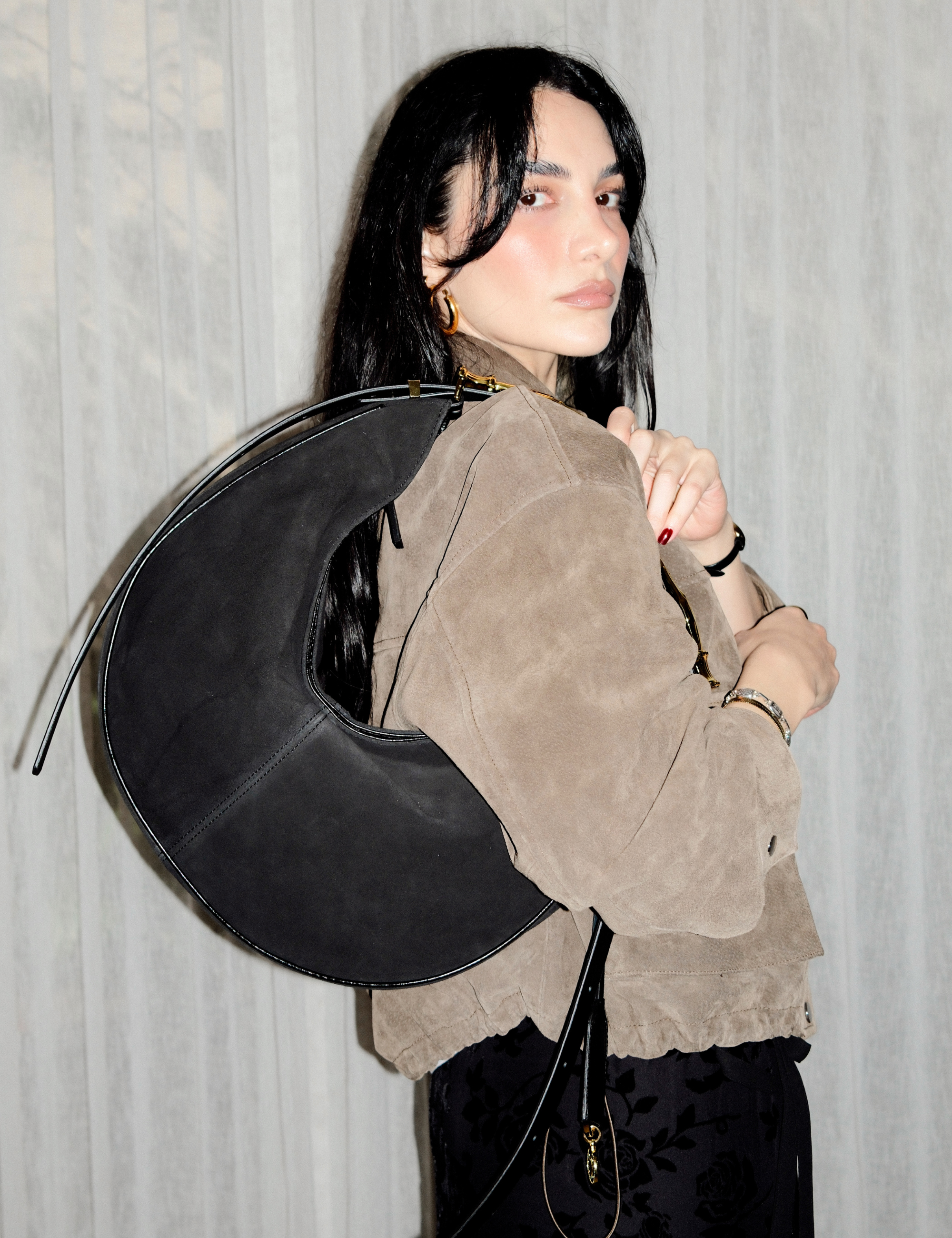 The Maxi Hobo Gilded Lure Bag Black Suede