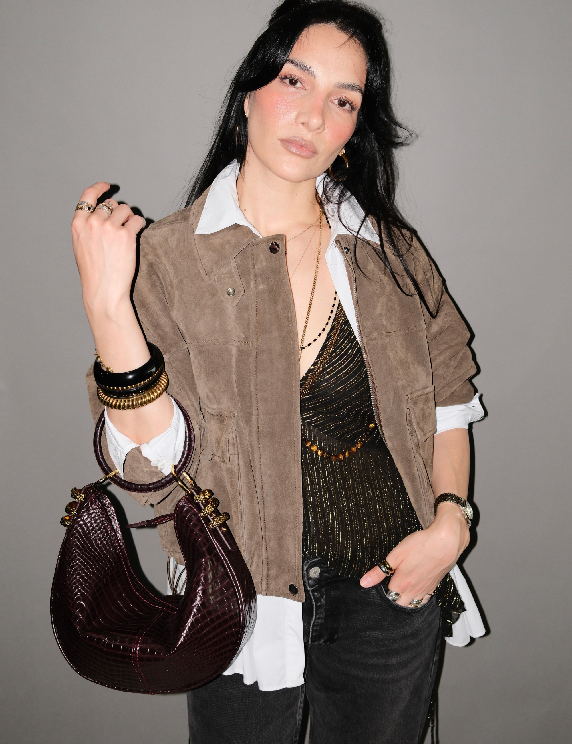 The Midi Hobo Oracle Hiss Ivy Bag Black Cherry Lizard